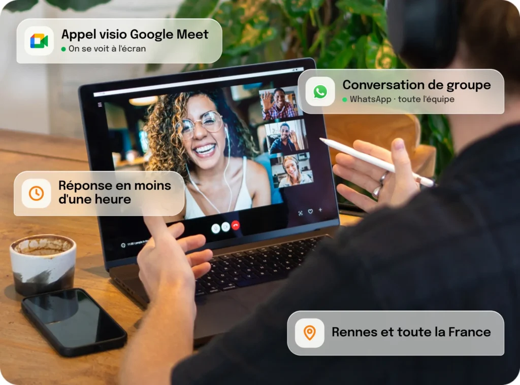 Accompagnement en visio par notre agence de création de site web à Brest : Google Meet, WhatsApp, réponse en moins d'une heure