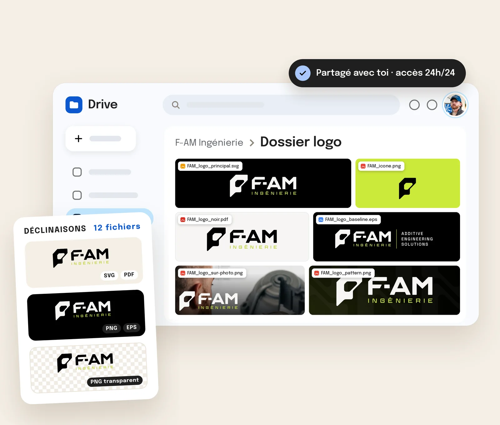 Drive partagé, dossier logo : versions principale, icône, noir et déclinaisons en SVG, PNG et EPS