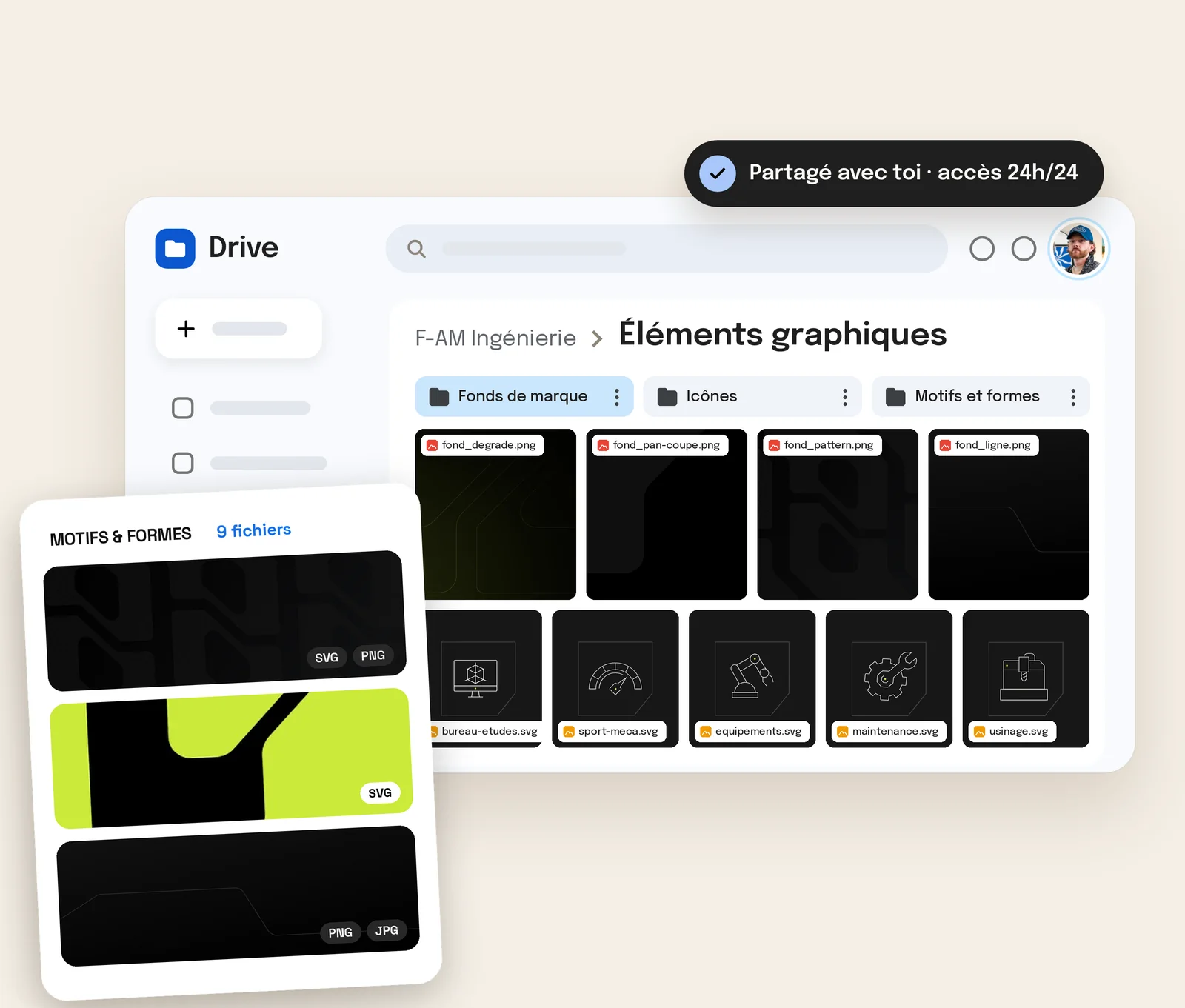 Drive partagé, dossier Éléments graphiques : fonds de marque, icônes, motifs et formes