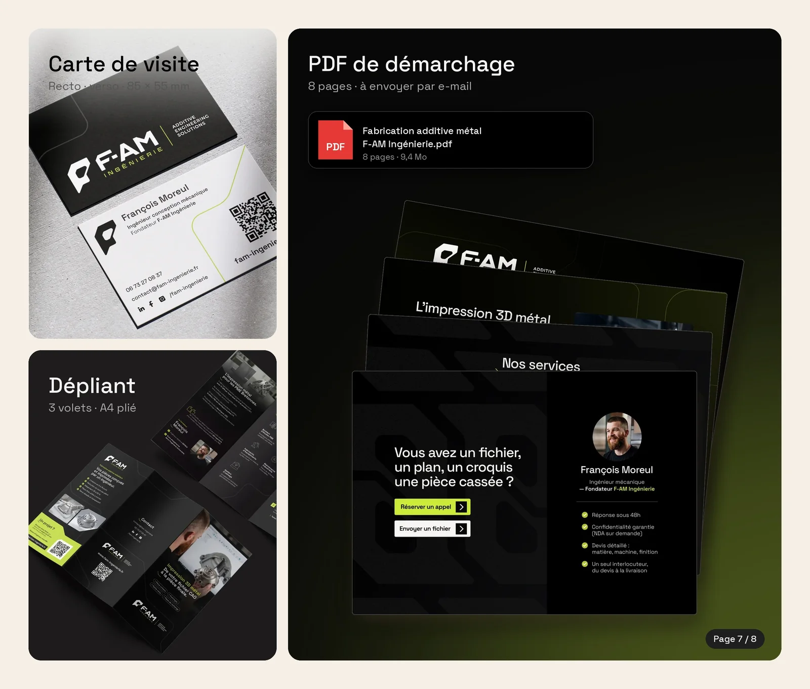 Supports de com : carte de visite recto verso, dépliant 3 volets et PDF de démarchage