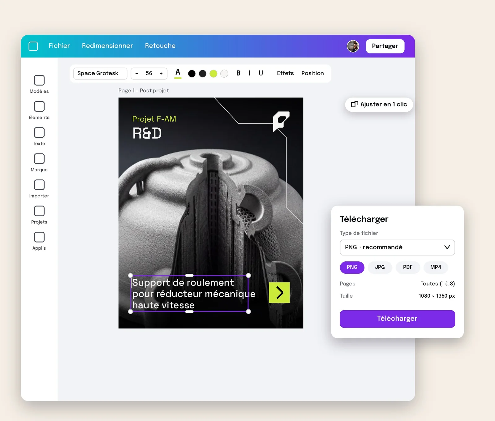 Template de post ouvert dans Canva : texte modifiable, couleurs de la marque et téléchargement