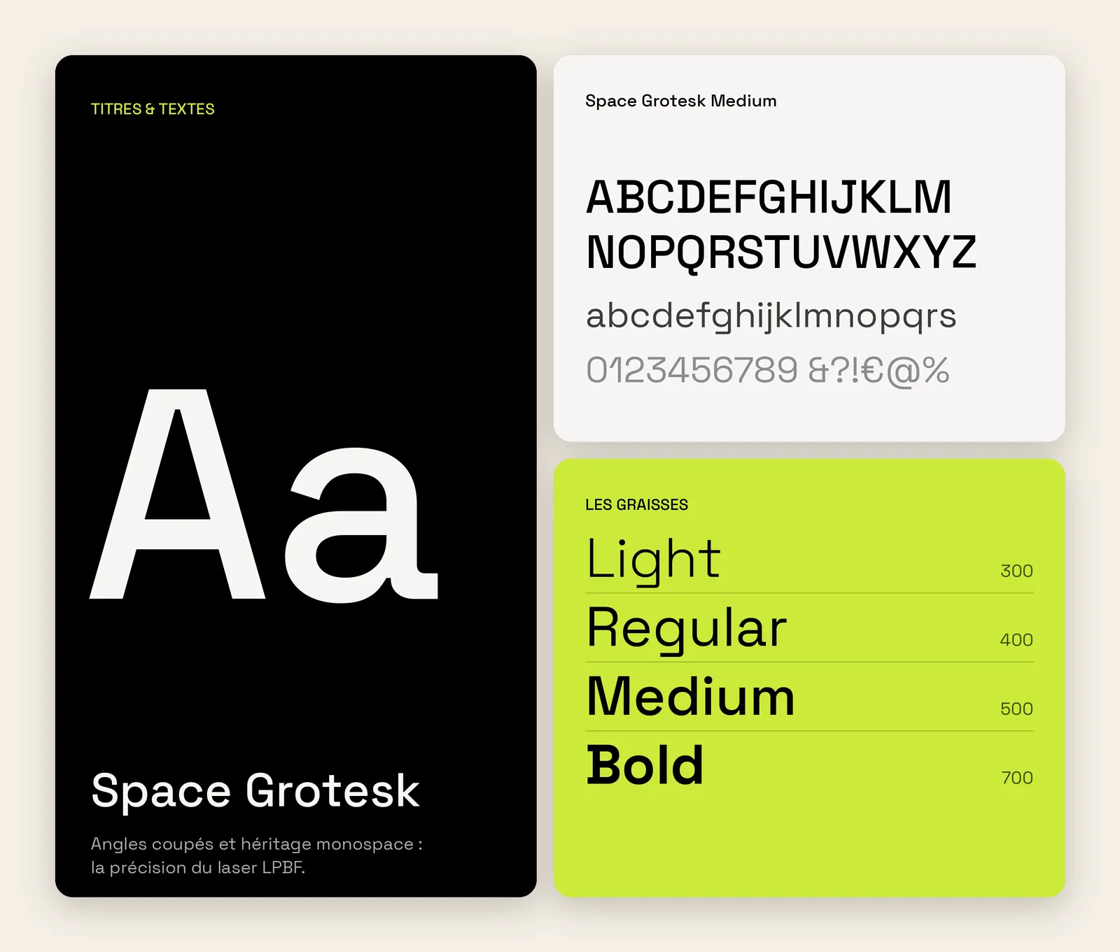Spécimen typographique : alphabet et graisses de la police de la marque